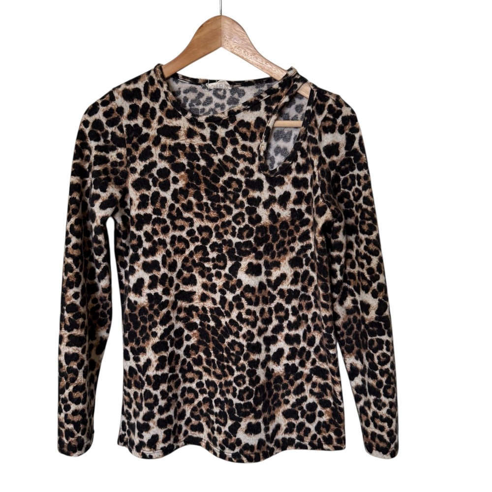 BIBI‎ Leopard Print Cutout Neck Long Sleeve Top Women's Size Small